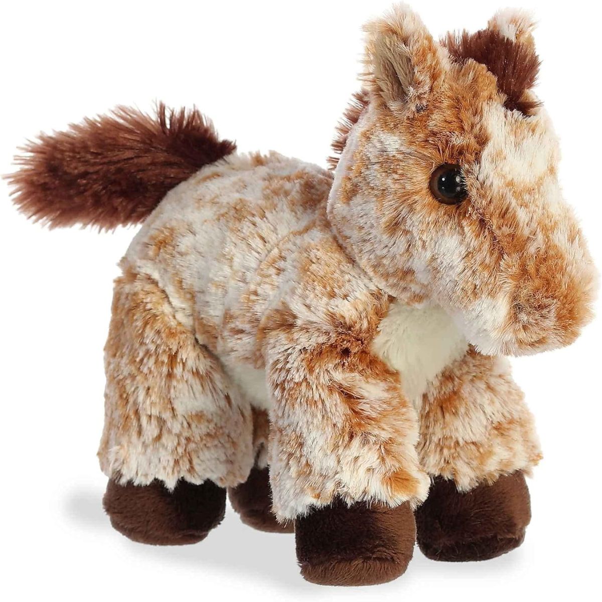 Angled front view of the 8-inch Aurora Mini Flopsie Mocha Horse plush standing on its four dark brown hooves.