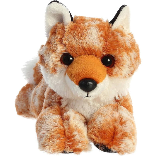 Front face view of the adorable Aurora Autumn Fox stuffed animal resting on its front paws, featuring sweet dark eyes and a black nose.