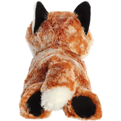 Back view of the Aurora Flopsie fox plush toy showing its soft reddish-brown back, fluffy white-tipped tail, and black foot pads.
