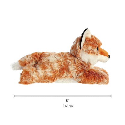Sizing graphic for the Aurora Flopsie Autumn Fox plush showing its full lounging side profile, indicating a total length of 8 inches.
