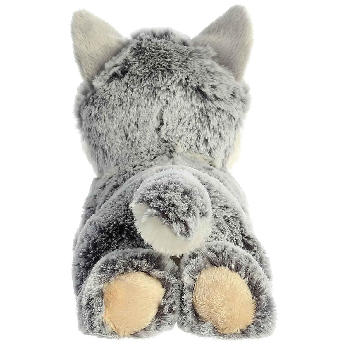Back view of the Mini Flopsie Wolf plush toy highlighting its textured grey coat and fluffy white-tipped tail.