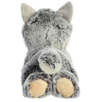 Back view of the Mini Flopsie Wolf plush toy highlighting its textured grey coat and fluffy white-tipped tail.