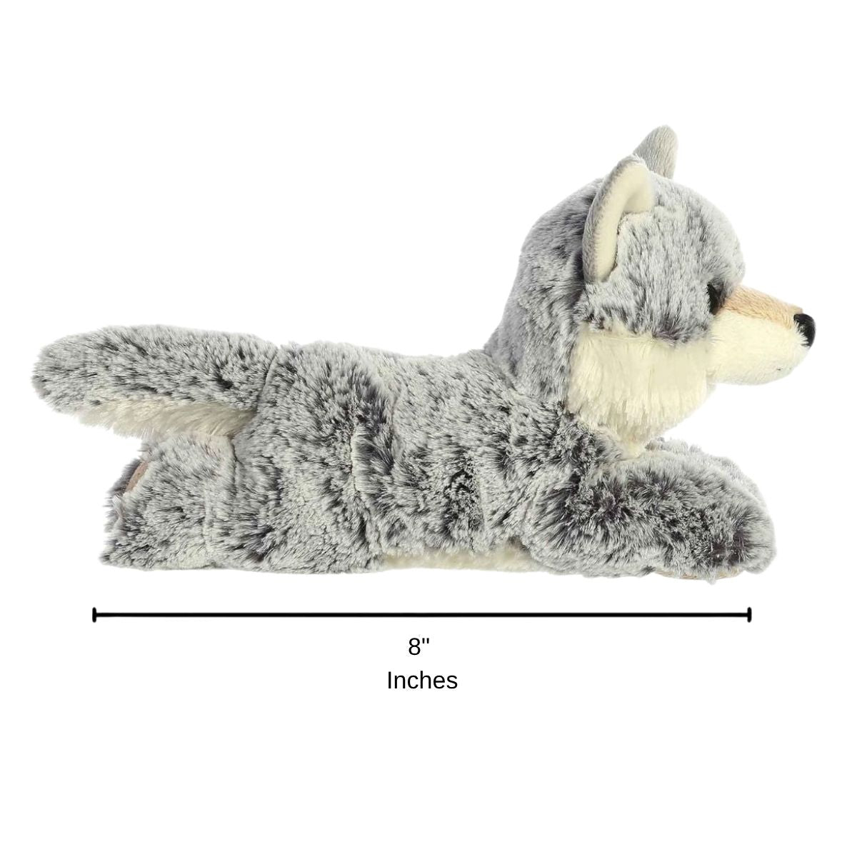 Side profile sizing graphic for the Aurora Mini Flopsie Winter Wolf plush resting on its belly, indicating a total length of 8 inches.