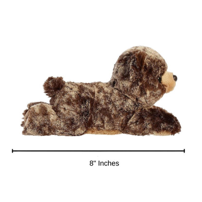 Dimension graphic showing the Aurora Mini Flopsie Brownie Bear lying down with a measurement line indicating it is 8 inches long.