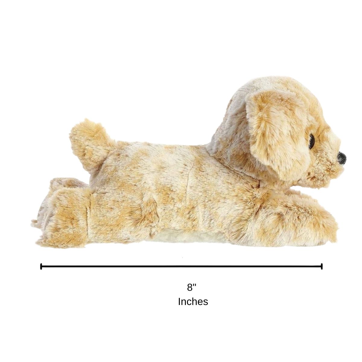 Full side profile of the resting golden retriever plush with a dimension line indicating its 8-inch length.