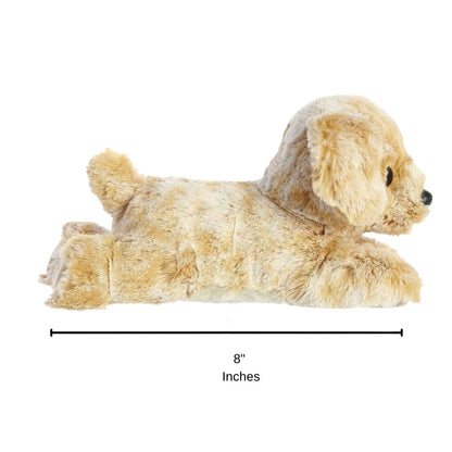 Full side profile of the resting golden retriever plush with a dimension line indicating its 8-inch length.