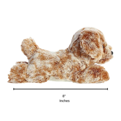 Full side profile of the resting brown and cream puppy plush with a dimension line indicating its 8-inch length.