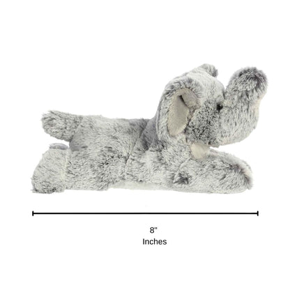 Full side profile view of the resting grey elephant plush with a dimension line indicating its 8-inch length.