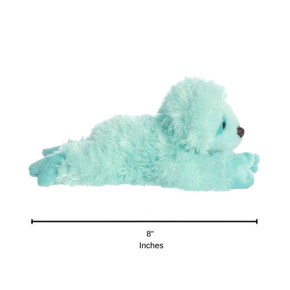 Full side profile of the mint-green sloth plush with a dimension line indicating its 8-inch length.