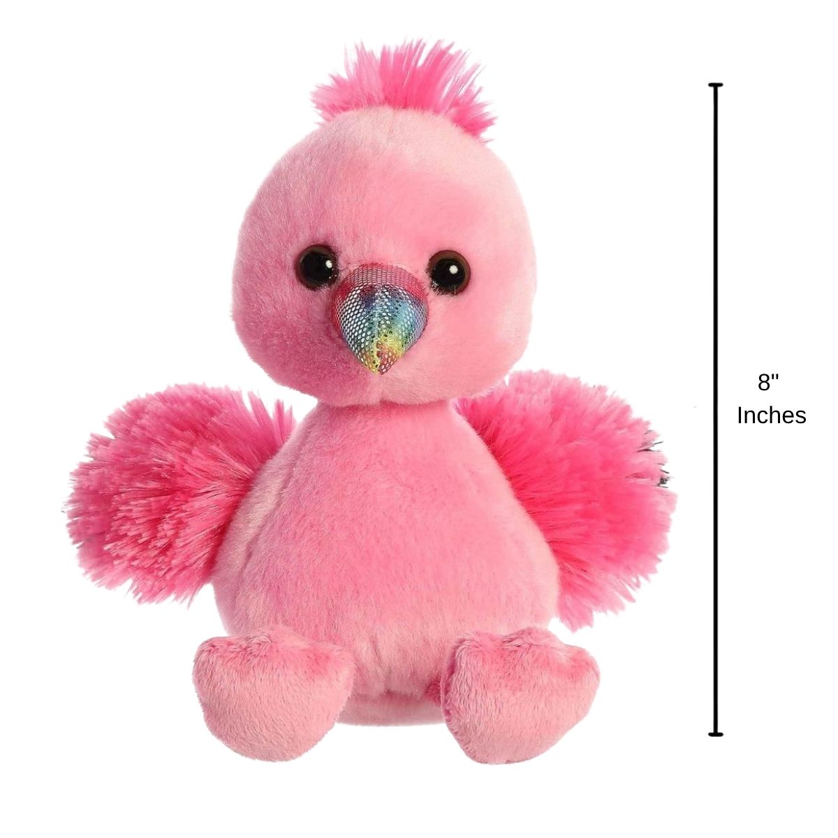 Full front view of the sparkly pink flamingo plush with a dimension line indicating its 8-inch height.