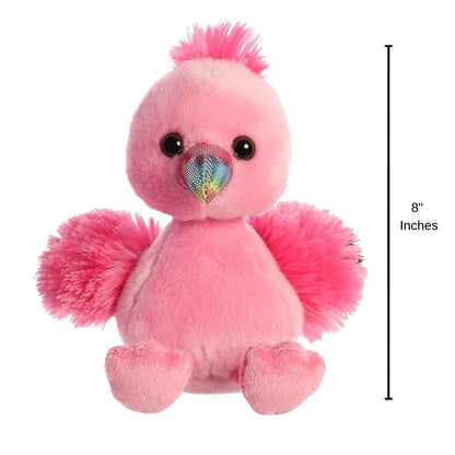 Full front view of the sparkly pink flamingo plush with a dimension line indicating its 8-inch height.