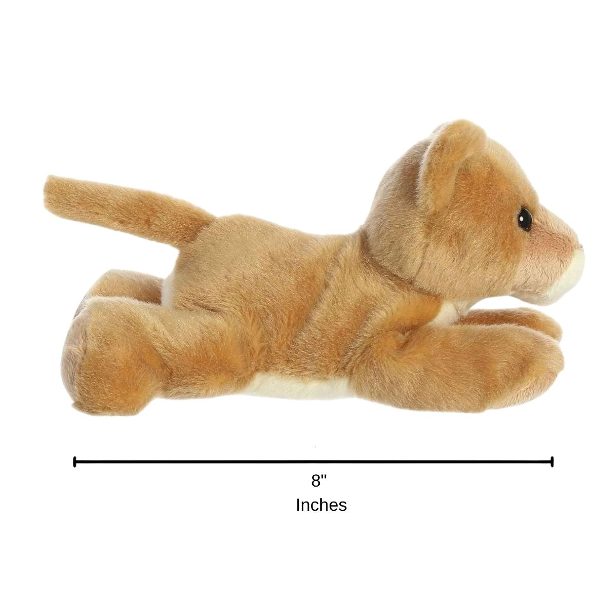 Full side profile of the golden-tan lioness plush with a dimension line indicating its 8-inch length.