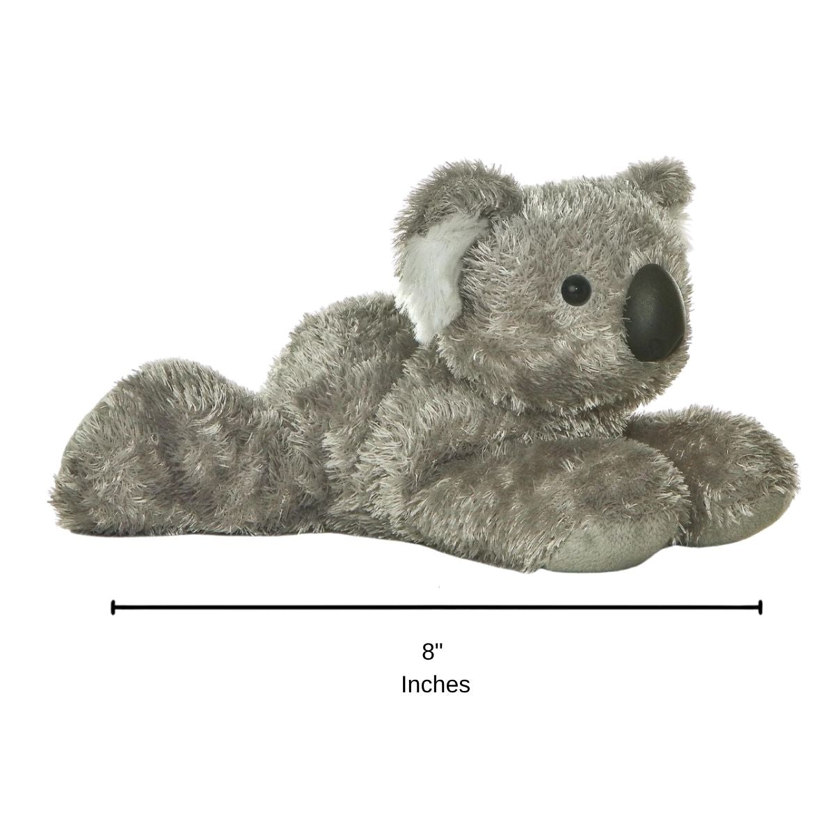 Full side profile of the Melbourne Koala plush with a dimension line indicating its 8-inch length.
