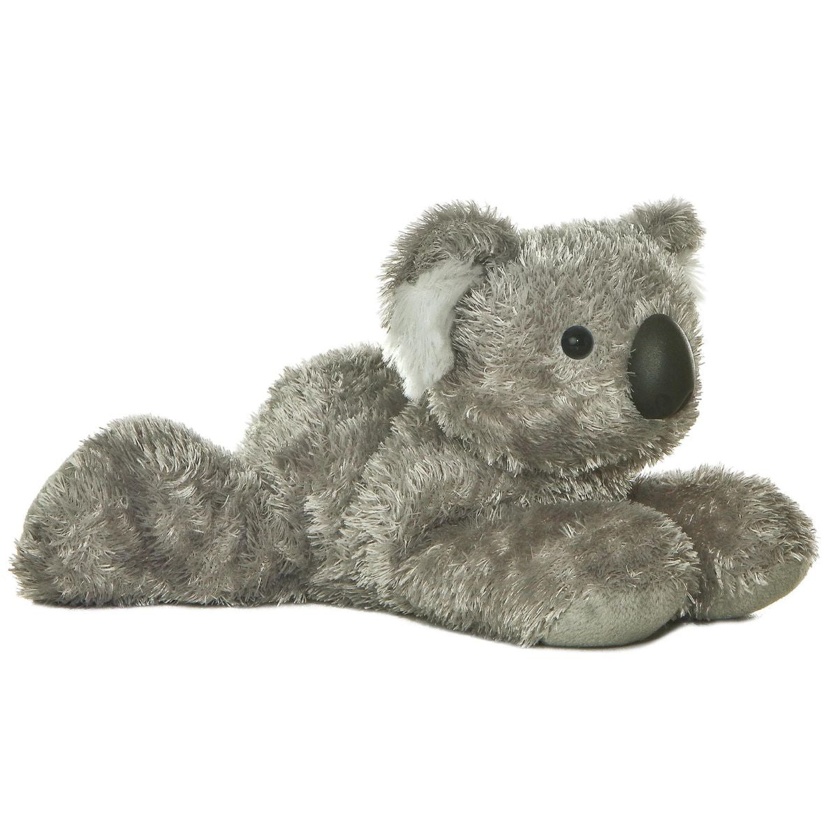 Angled front view of the Aurora Mini Flopsie Melbourne Koala 8-inch plush resting on its belly, featuring shaggy grey fur.