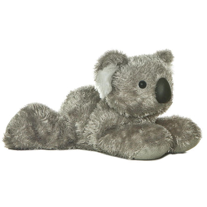 Angled front view of the Aurora Mini Flopsie Melbourne Koala 8-inch plush resting on its belly, featuring shaggy grey fur.