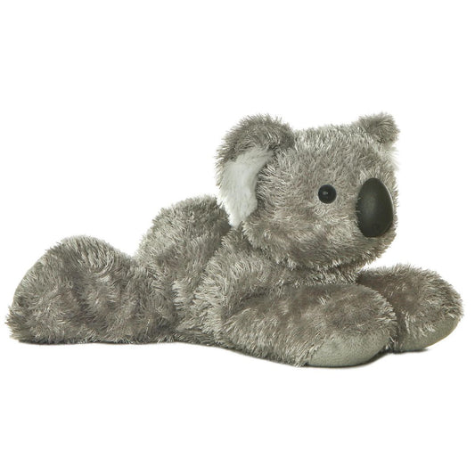 Angled front view of the Aurora Mini Flopsie Melbourne Koala 8-inch plush resting on its belly, featuring shaggy grey fur.