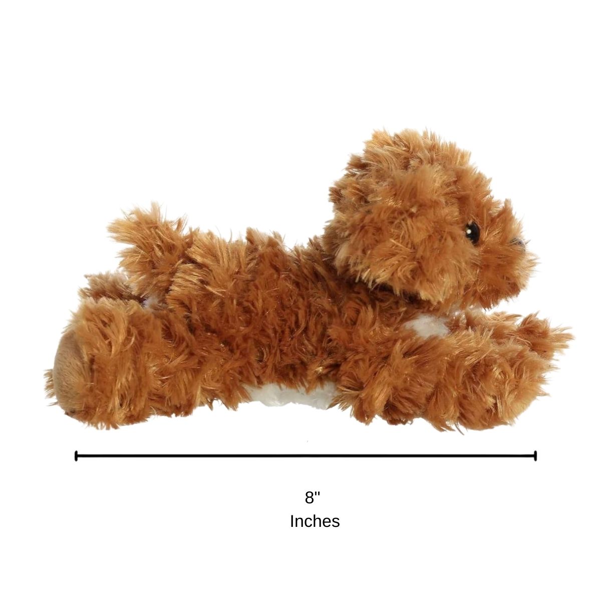 Side profile view of the Cockapoo plush resting on its tummy with a measurement graphic indicating it is 8 inches long.