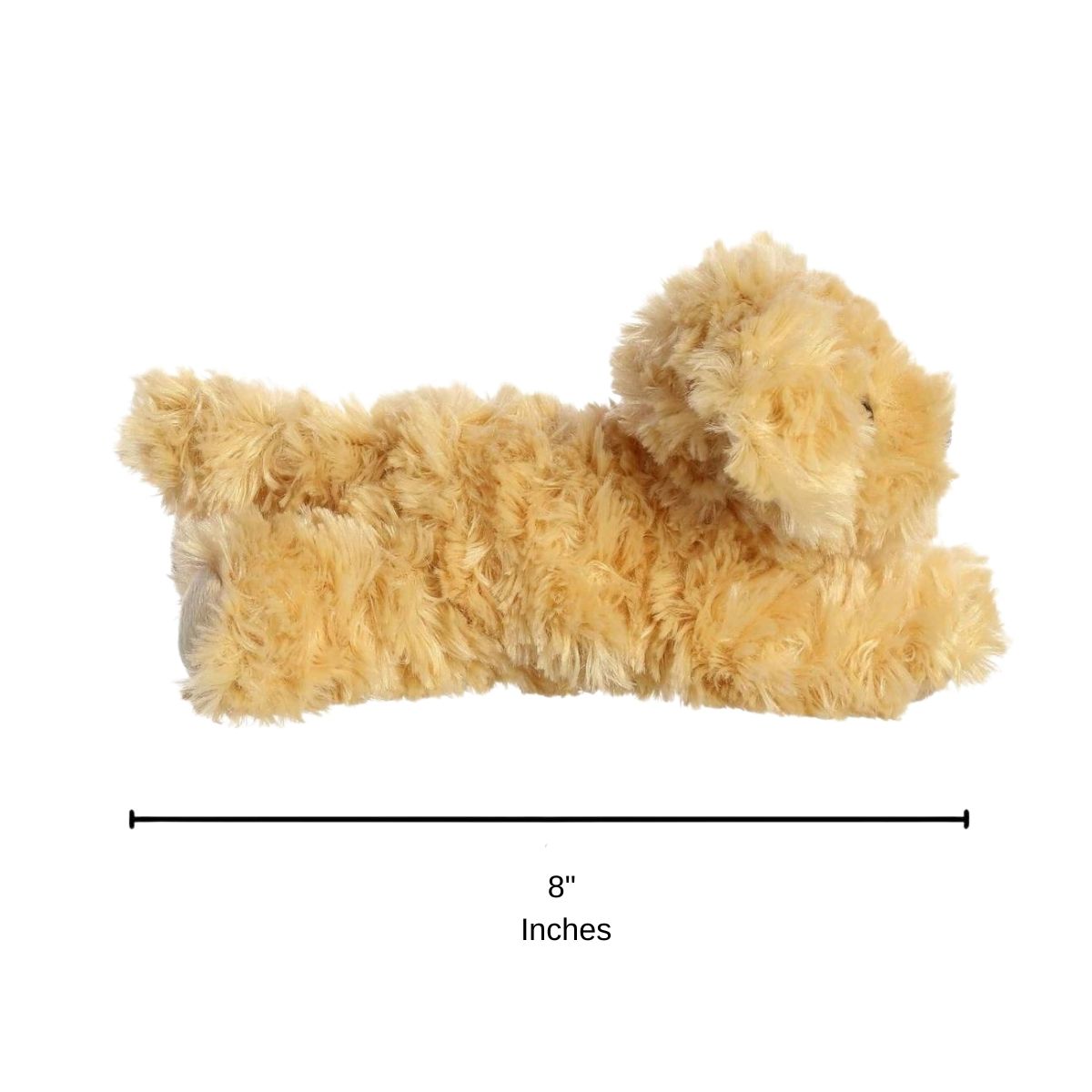 Side profile view of the Goldendoodle plush resting on its tummy with a measurement graphic indicating it is 8 inches long.