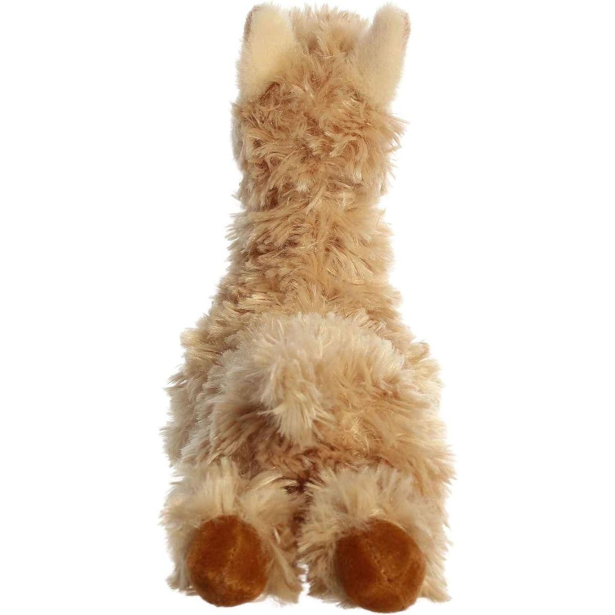 Rear view of the llama plush showing its shaggy tan back, dark brown hooves, and small fluffy tail.