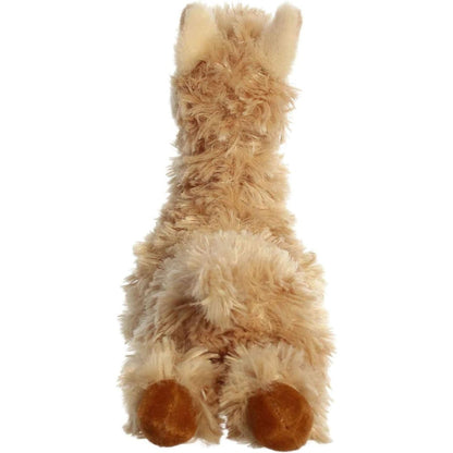 Rear view of the llama plush showing its shaggy tan back, dark brown hooves, and small fluffy tail.