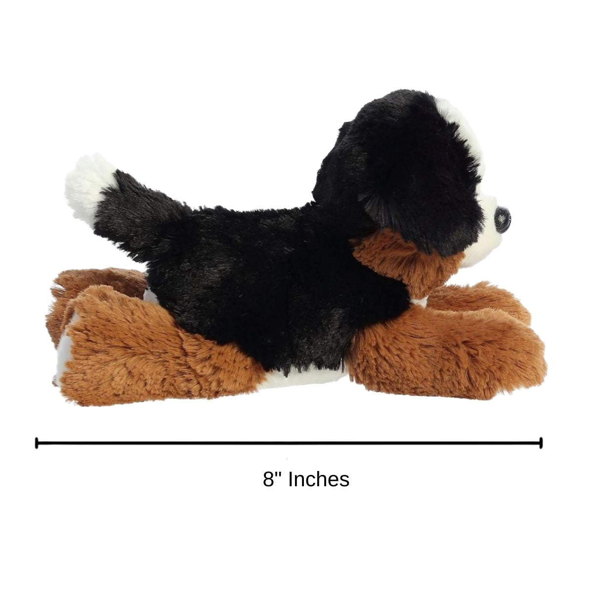 Dimension graphic showing the Aurora Mini Flopsie Bernie Mountain Dog with a measurement line indicating it is 8 inches long.