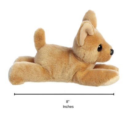 Full side profile view of the resting tan chihuahua plush with a dimension line indicating its 8-inch length.