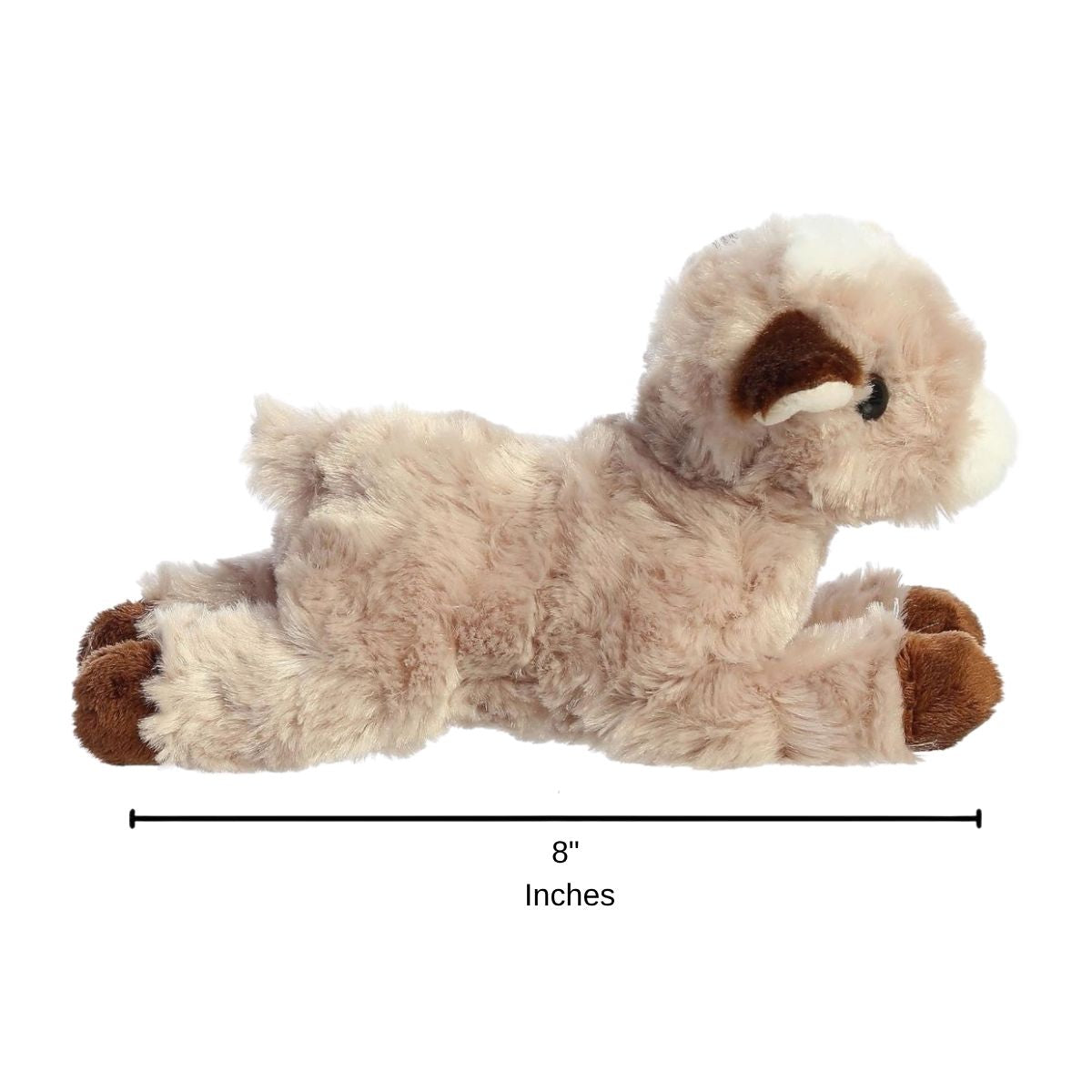 Full side profile of the light brown goat plush with a dimension line indicating its 8-inch length.