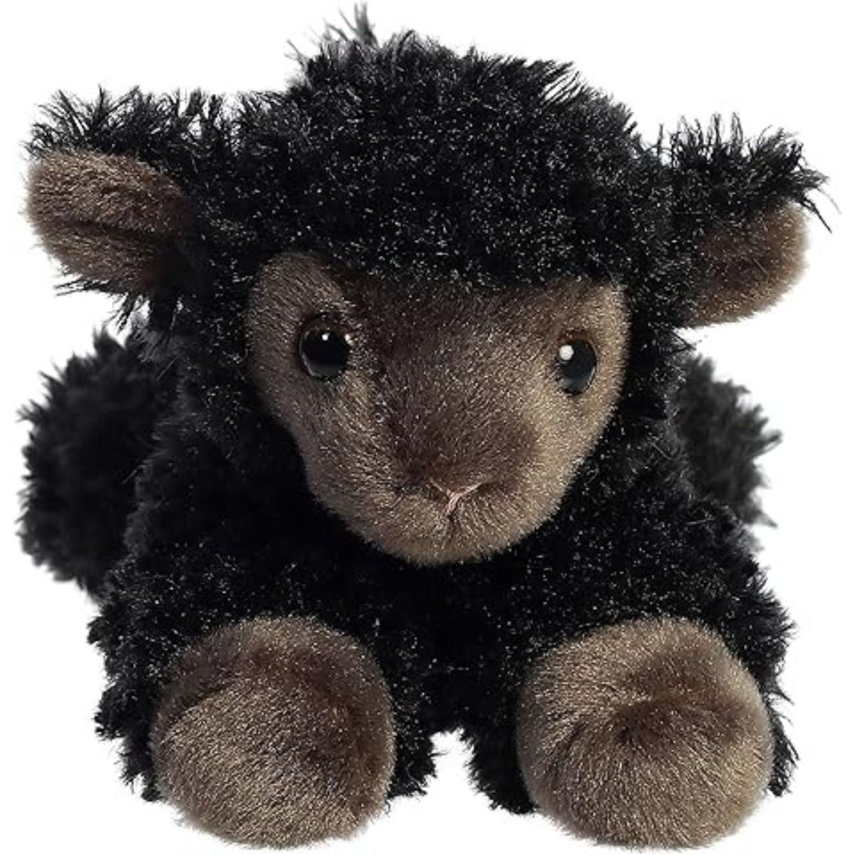 Straight front view of the black lamb plush showing its sweet dark eyes, floppy ears, and little resting hooves.