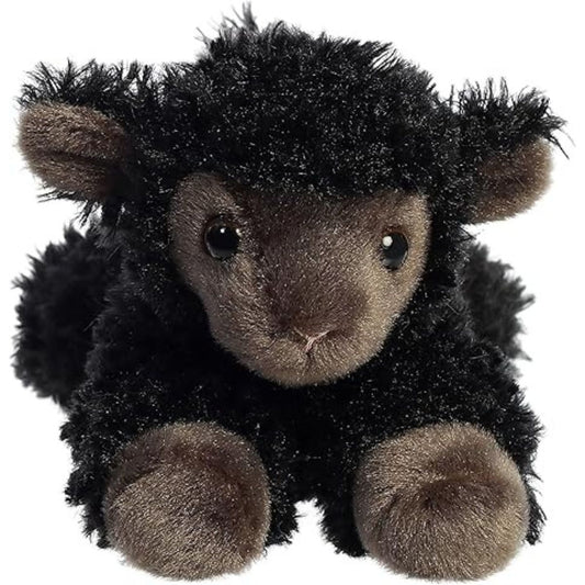 Straight front view of the black lamb plush showing its sweet dark eyes, floppy ears, and little resting hooves.