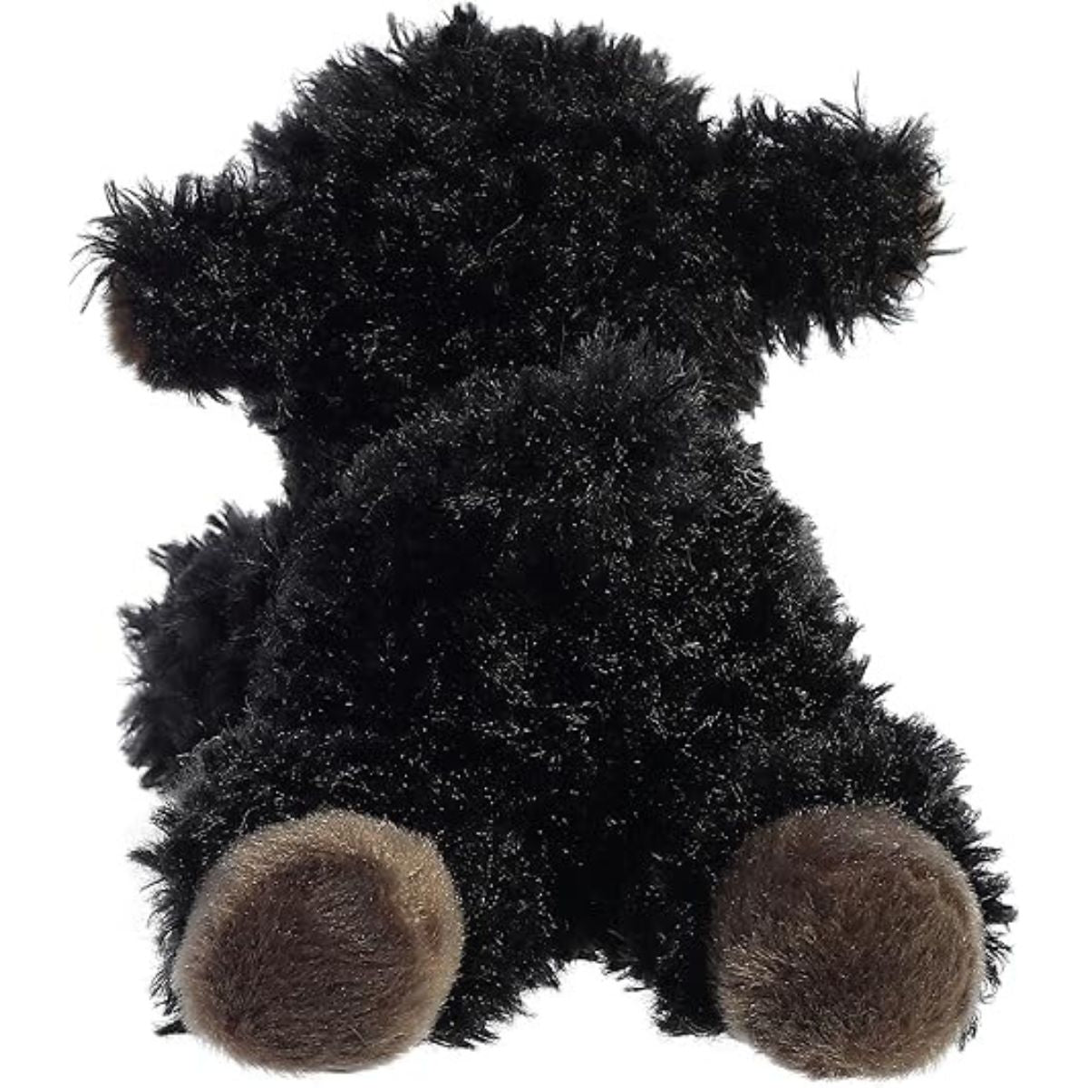 Back view of the Aurora Ebony the Lamb plush showcasing its soft, curly black fur and little tail.