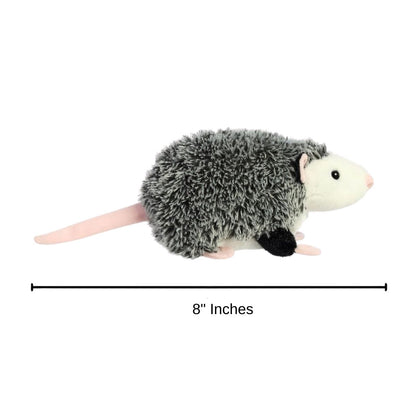 Dimension graphic showing the Aurora Mini Flopsie Ozzie the Opossum lying down with a measurement line indicating it is 8 inches long.