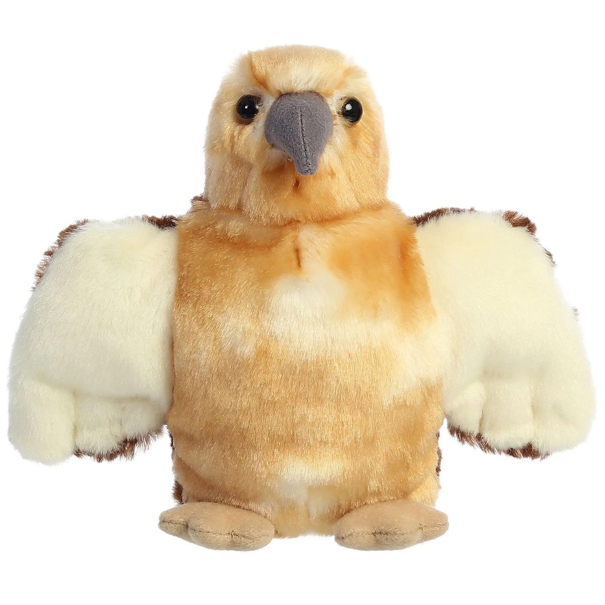 Front view of the adorable Aurora Ranger Hawk stuffed animal featuring a golden-tan face, dark eyes, and a soft grey beak.