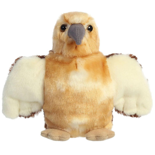 Front view of the adorable Aurora Ranger Hawk stuffed animal featuring a golden-tan face, dark eyes, and a soft grey beak.