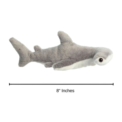 Dimension graphic showing the Aurora Mini Flopsie Hamlet Shark with a measurement line indicating it is 8 inches long.