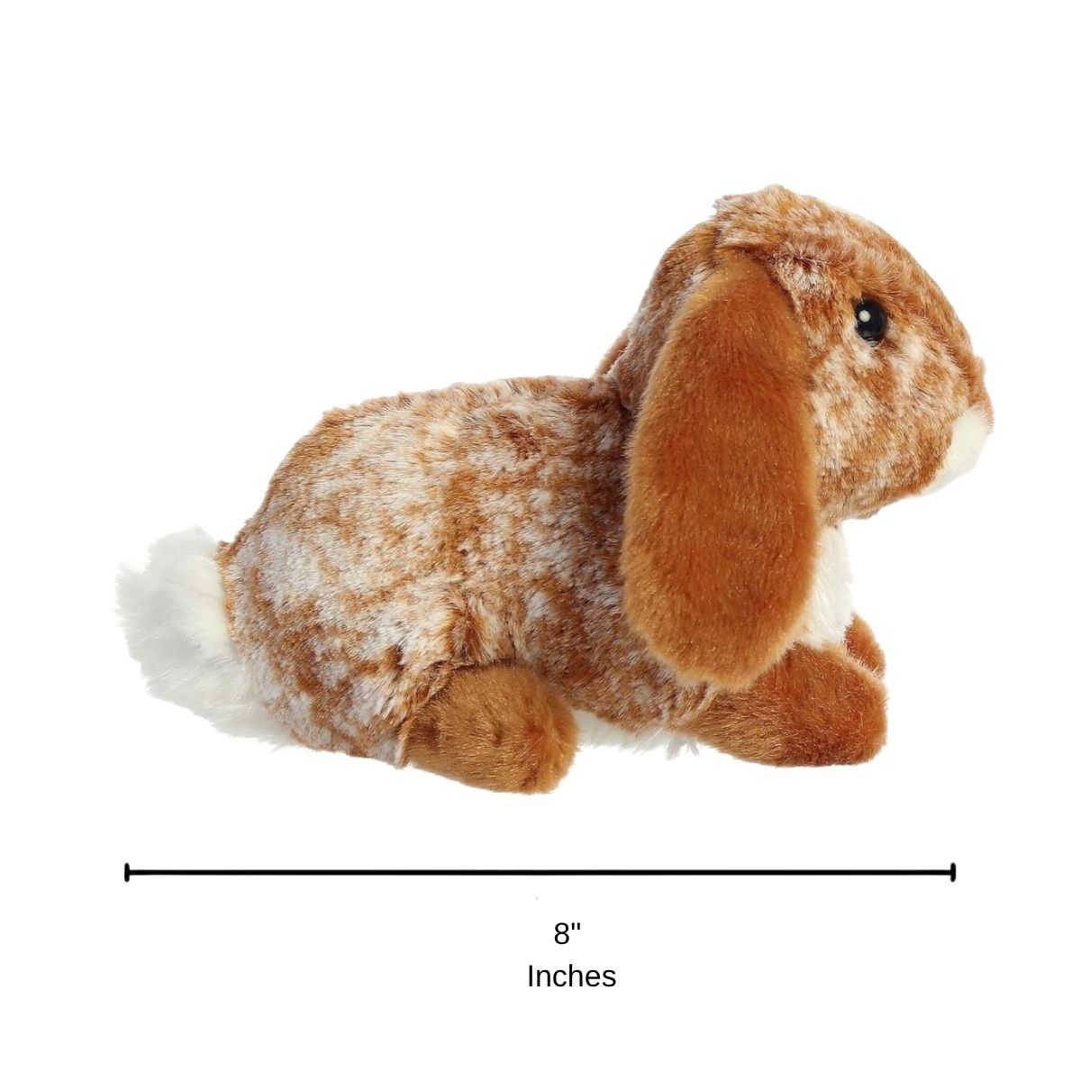 Sizing graphic for the Aurora Mini Flopsie Bunny plush indicating a total length of 8 inches from nose to tail.