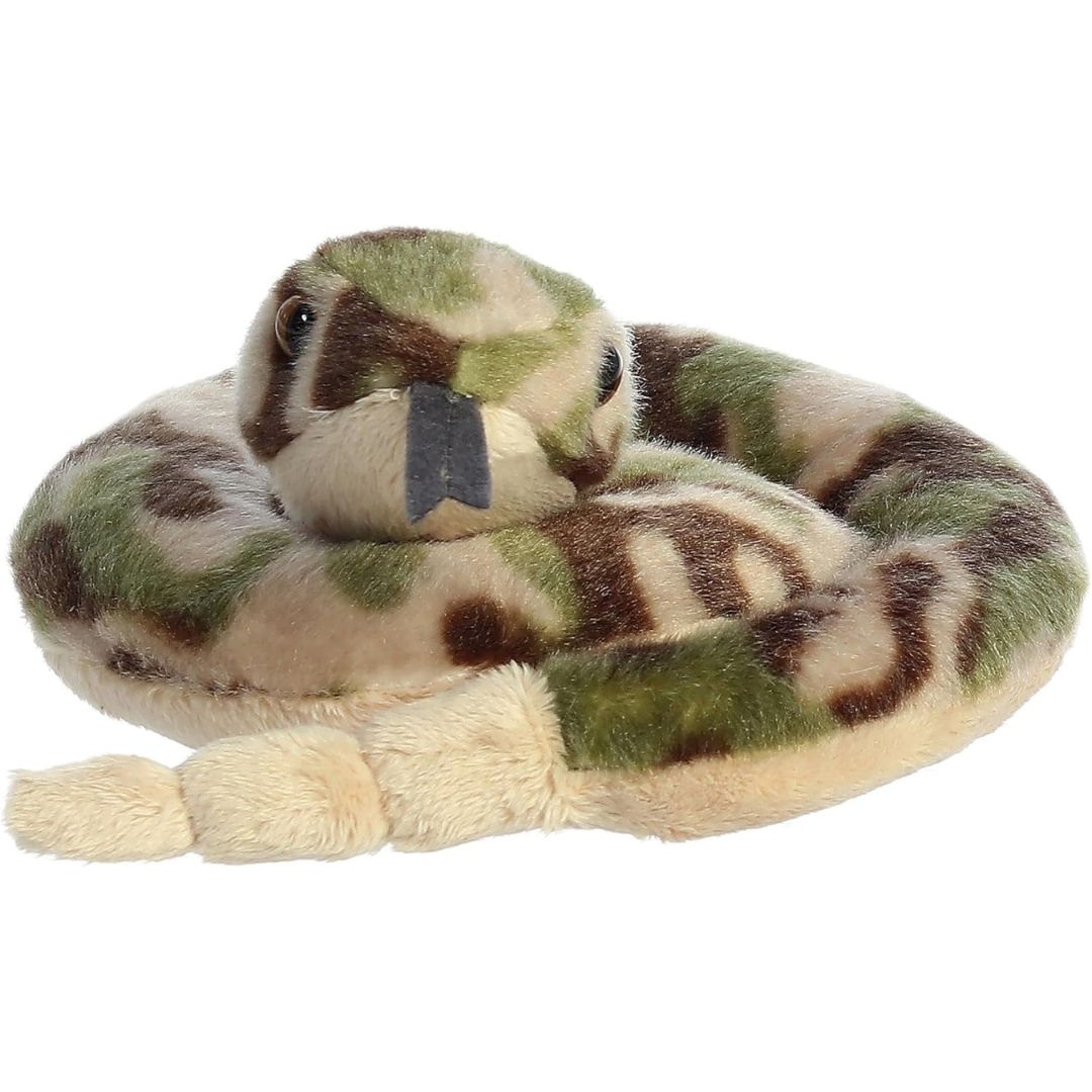 Straight-on front view of the coiled snake stuffed animal highlighting its sweet face, golden eyes, and black felt fork tongue.