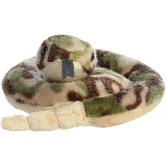 Straight-on front view of the coiled snake stuffed animal highlighting its sweet face, golden eyes, and black felt fork tongue.