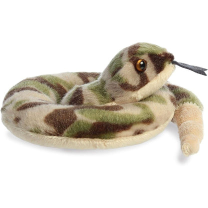 Side view of the rattlesnake plush showing its detailed camouflage pattern and soft cream-colored underbelly.