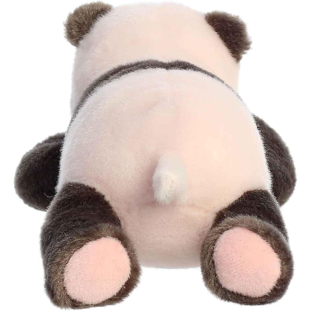 Rear view of the panda plush showing its white back, pink paw pads, and small white tail.