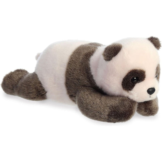 Angled front view of the Aurora Mini Flopsie Newborn Panda 8-inch plush resting on its belly, featuring classic black and white fur.