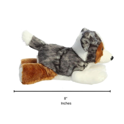 Full side profile of the resting multi-colored puppy plush with a dimension line indicating its 8-inch length.