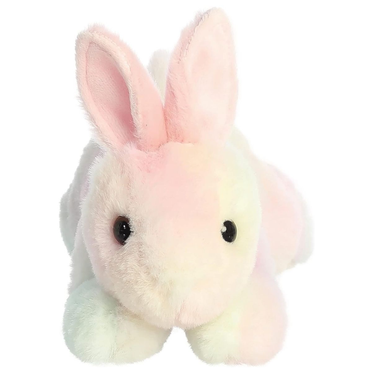 Front face view of the adorable Aurora Spring Time Pastel Bunny stuffed animal resting on its front paws, featuring sweet dark eyes and pastel colors.