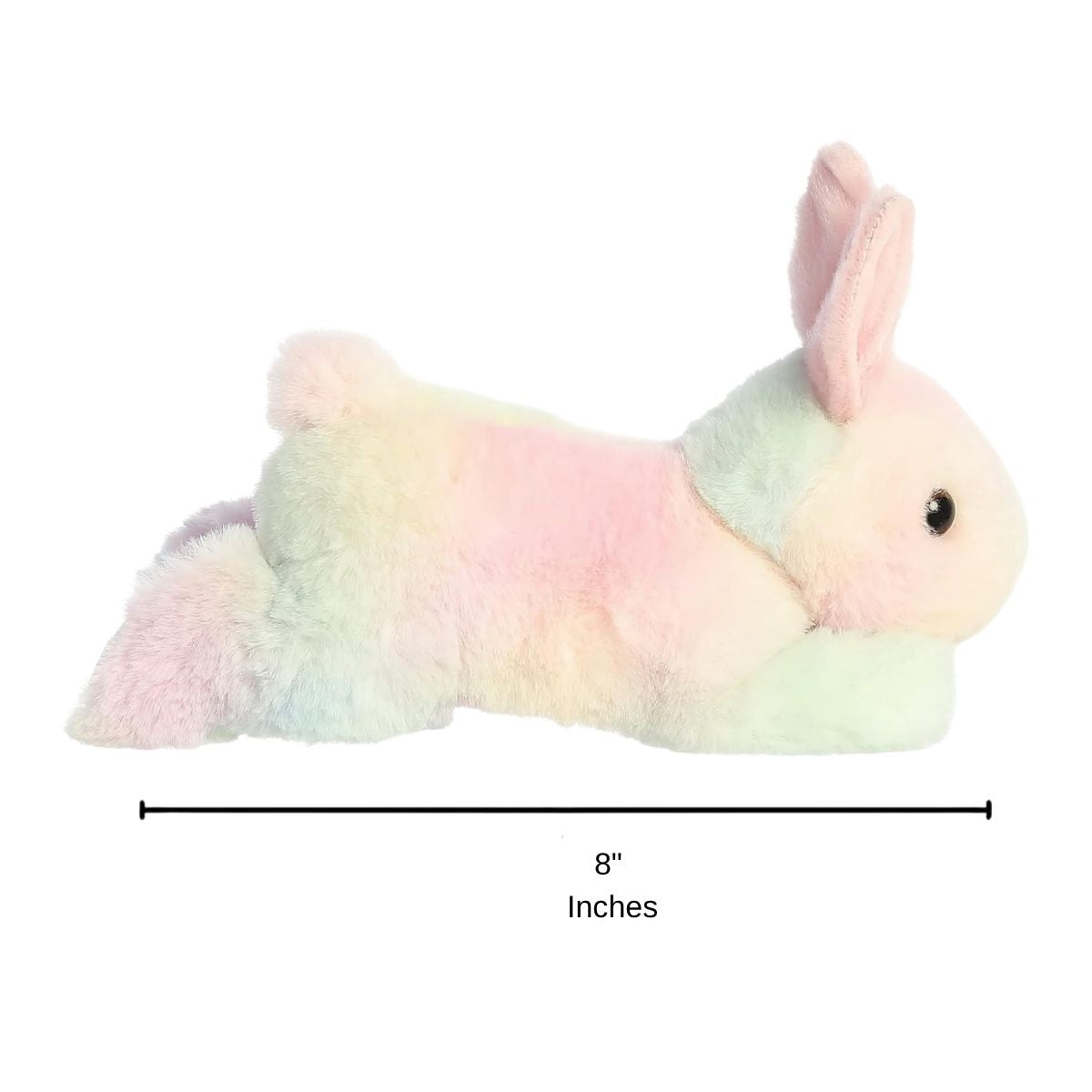 Sizing graphic for the Aurora Flopsie Spring Time Pastel Bunny plush showing its full lounging side profile, indicating a total length of 8 inches.