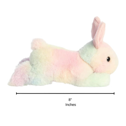 Sizing graphic for the Aurora Flopsie Spring Time Pastel Bunny plush showing its full lounging side profile, indicating a total length of 8 inches.