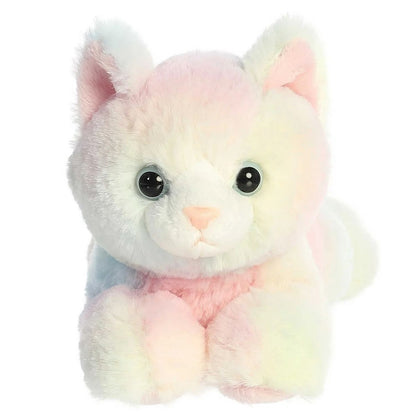 Direct front view of the soft pastel tie-dye plush kitten showing its white face, pink nose, and dark eyes.