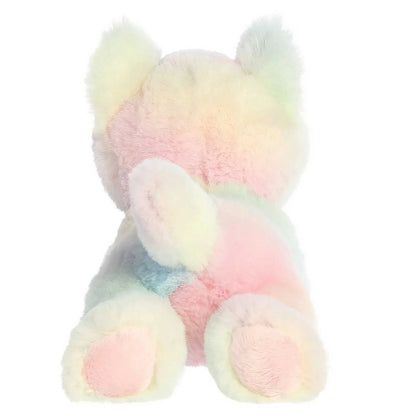 Back view of the cuddly Mini Flopsie kitten stuffed animal highlighting its colorful tie-dye back, tail, and hind paws.