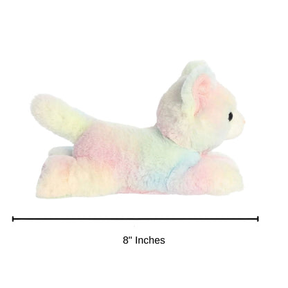 Dimension graphic showing the Aurora Mini Flopsie Rainbow Kitten lying down with a measurement line indicating it is 8 inches long.