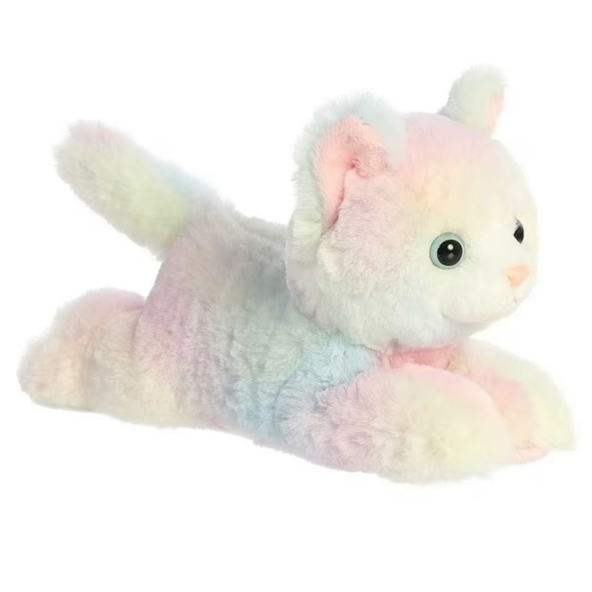 Angled side profile view of the 8-inch Aurora Mini Flopsie Rainbow Kitten plush resting on its belly.