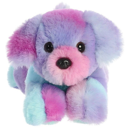 Direct front view of the soft pastel tie-dye plush puppy showing its floppy ears, pink nose, and dark eyes.