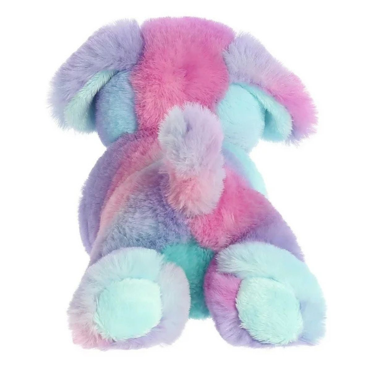 Back view of the cuddly Mini Flopsie puppy stuffed animal highlighting its colorful tie-dye back, tail, and hind paws.